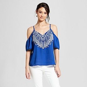 Target Xhilaration Embroidered Blue Cold Shoulder Top XL